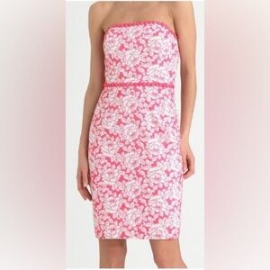 Lilly Pulitzer Allegra White Pink Roses Beaded Strapless Eyelet Lace‎ Dress